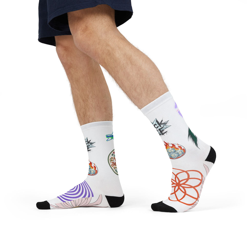 Graphic Sublimation Crew Socks — Eclectic Icon & Floral Print Socks (Includes text: “Fuck ICE”)
