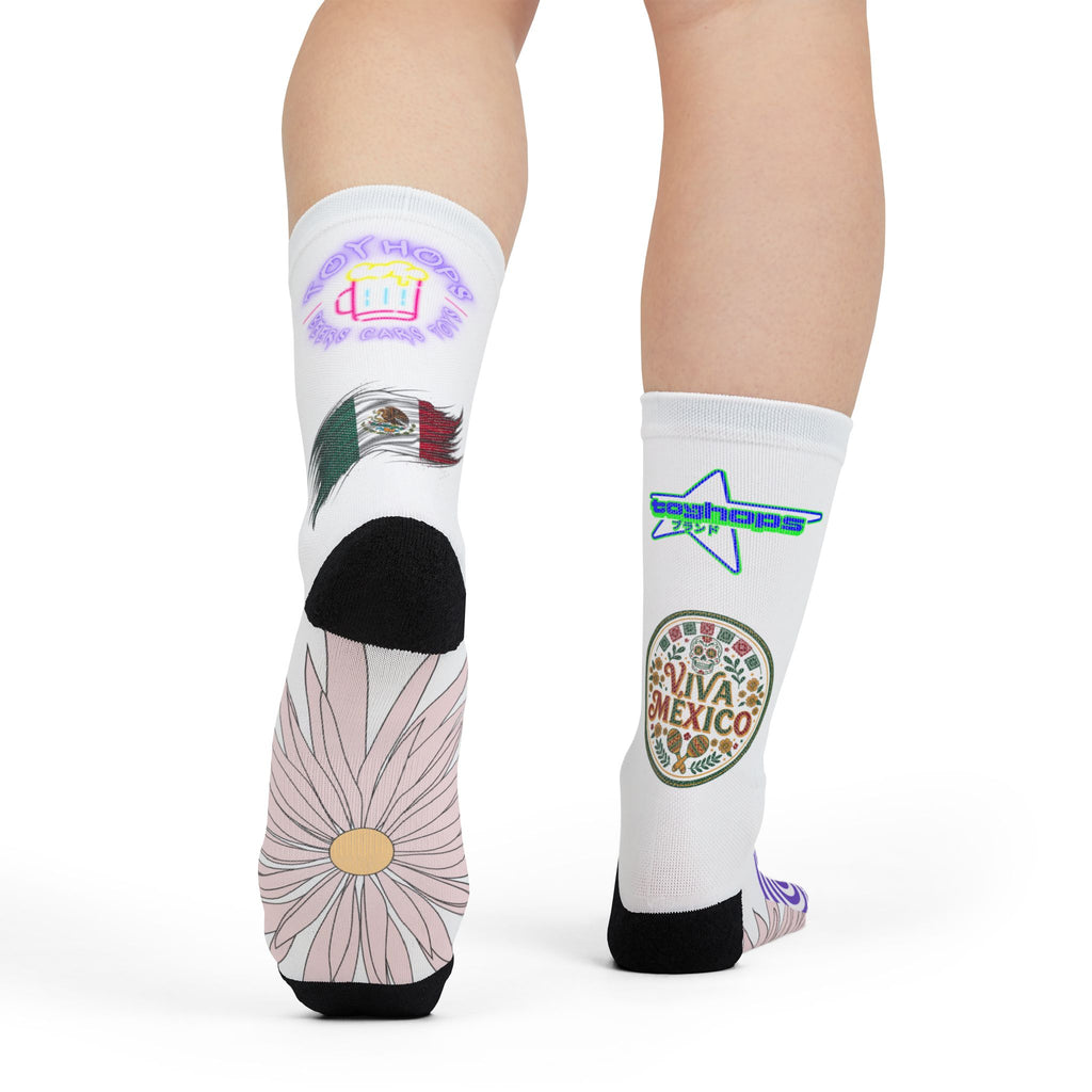 Graphic Sublimation Crew Socks — Eclectic Icon & Floral Print Socks (Includes text: “Fuck ICE”)