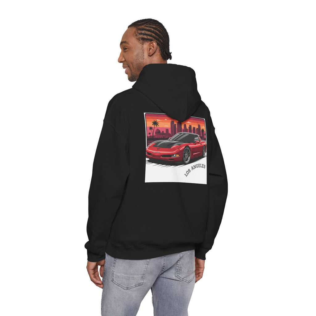 Los Angeles Red Sports Car Hoodie — Retro Sunset Cityscape Pullover