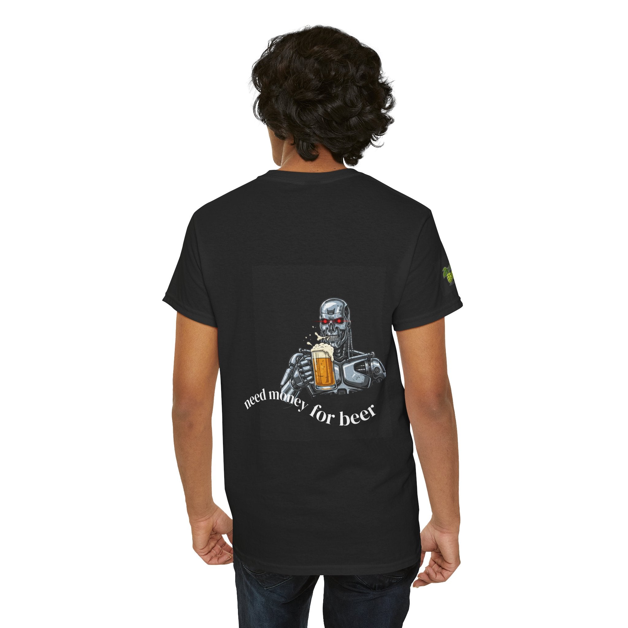 Robot Holding Beer T-Shirt — "Need Money for Beer" Graphic Tee