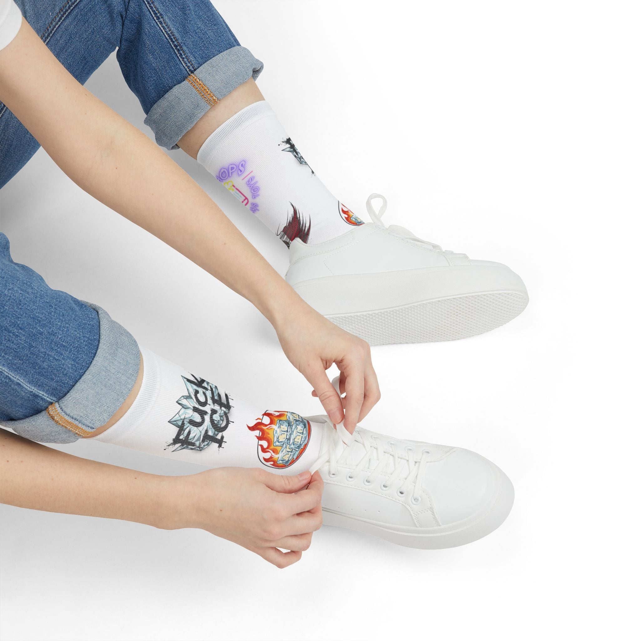 Graphic Sublimation Crew Socks — Eclectic Icon & Floral Print Socks (Includes text: “Fuck ICE”)