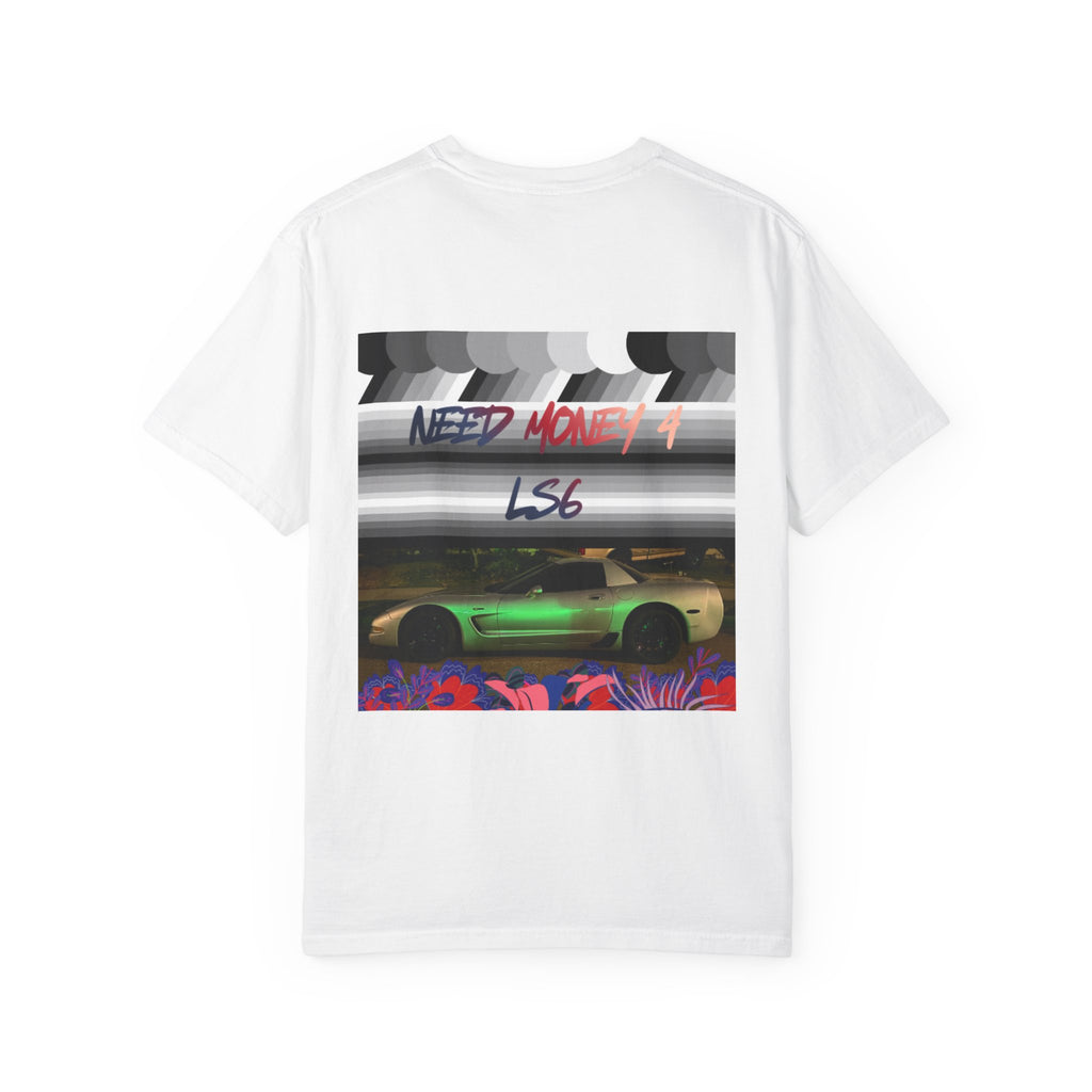 Street Racing Graphic T‑Shirt — Neon Fast Car Back Print ("Money" LS6)