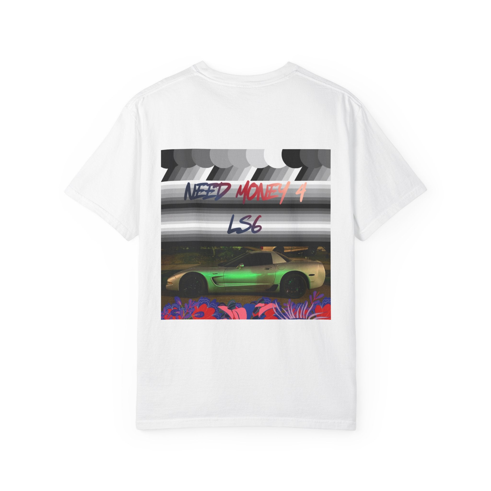 Street Racing Graphic T‑Shirt — Neon Fast Car Back Print ("Money" LS6)