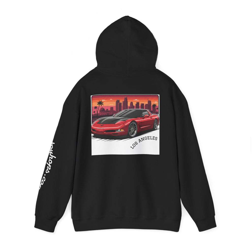 Los Angeles Red Sports Car Hoodie — Retro Sunset Cityscape Pullover
