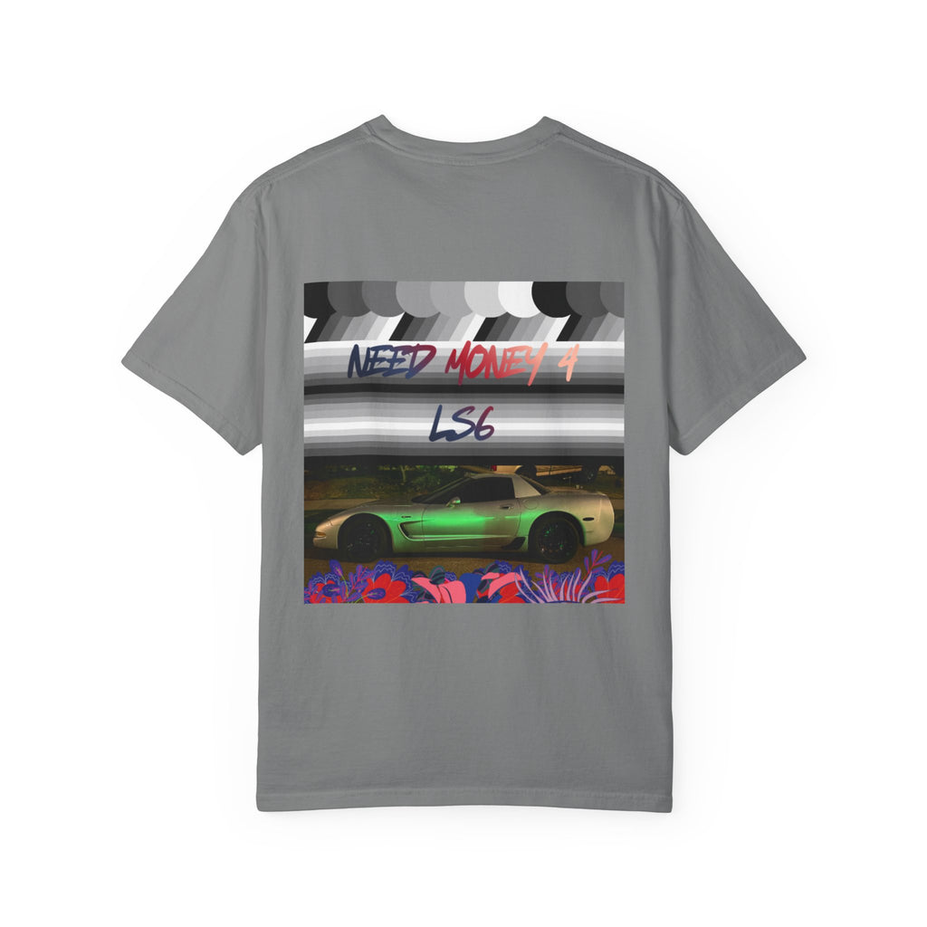 Street Racing Graphic T‑Shirt — Neon Fast Car Back Print ("Money" LS6)