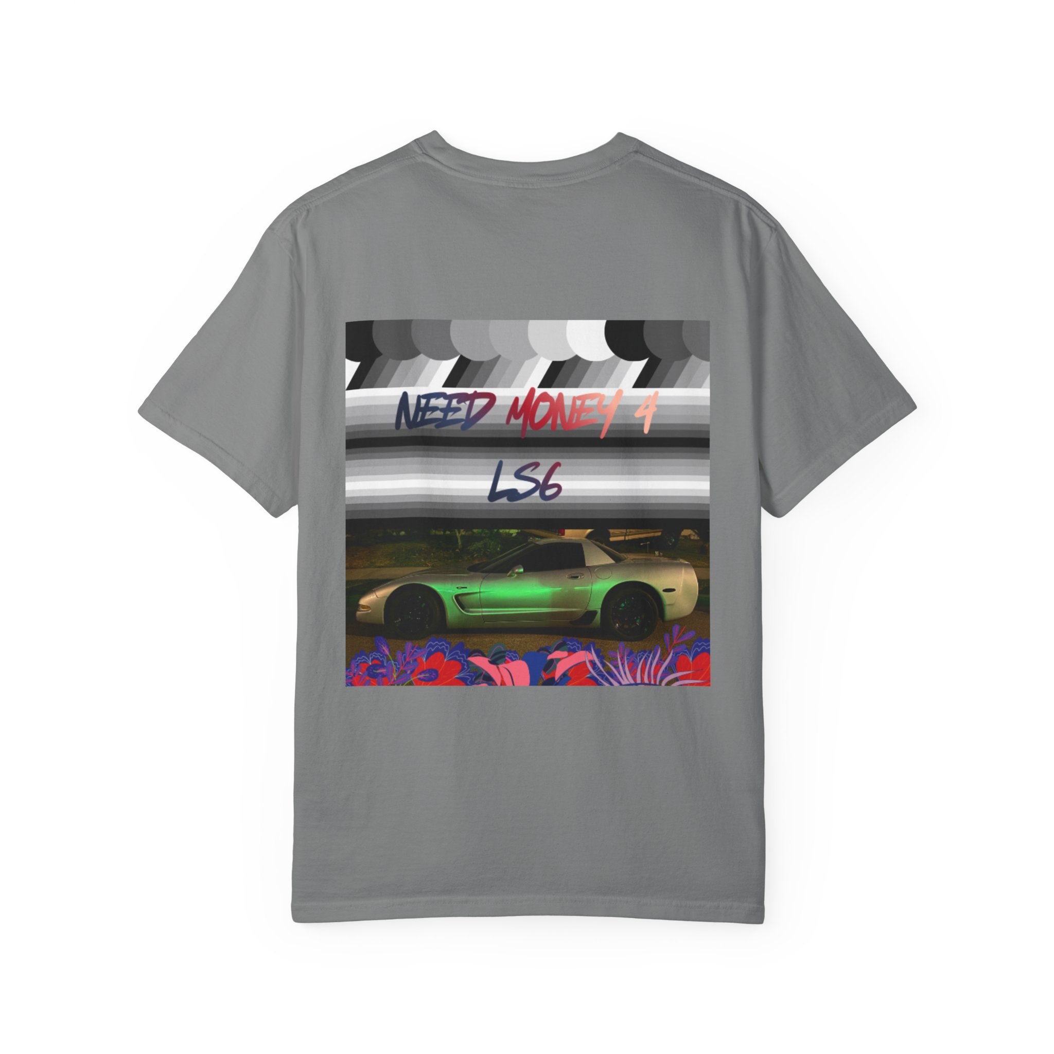 Street Racing Graphic T‑Shirt — Neon Fast Car Back Print ("Money" LS6)