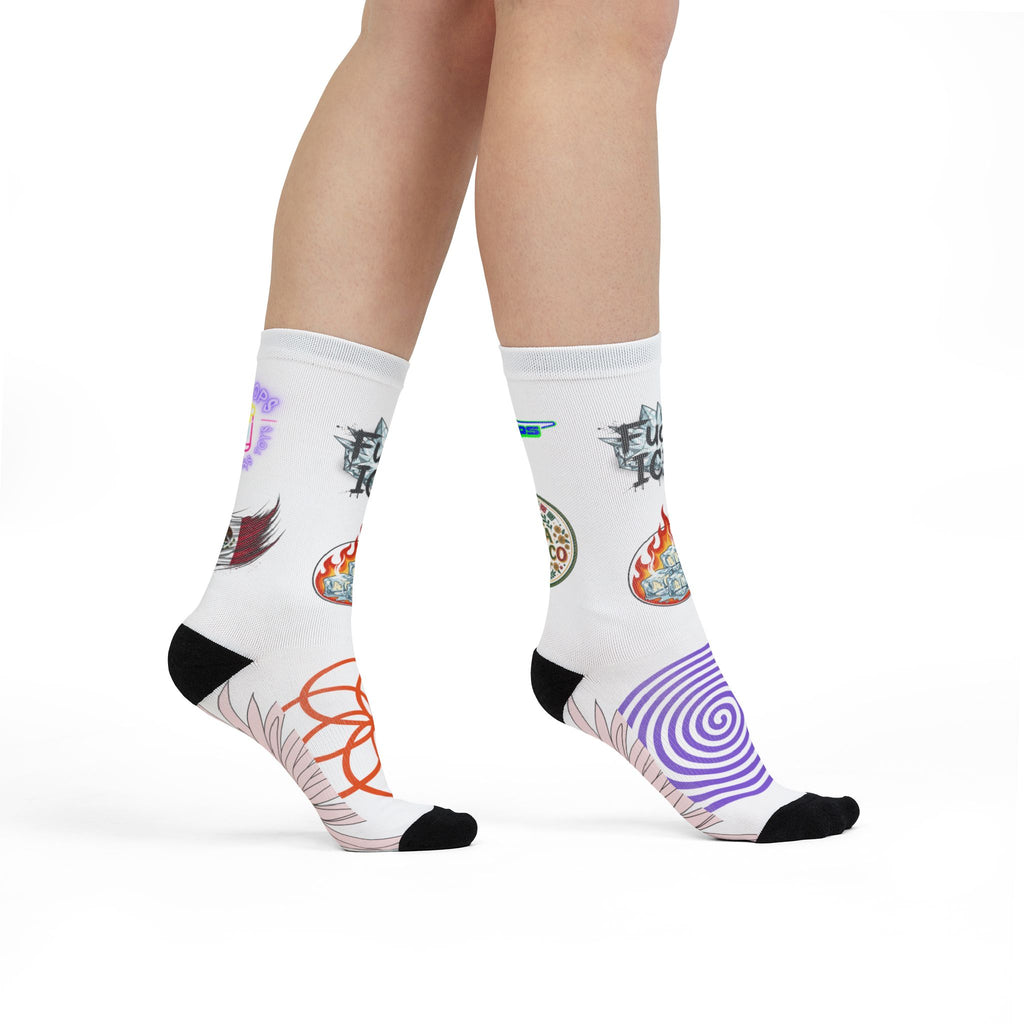 Graphic Sublimation Crew Socks — Eclectic Icon & Floral Print Socks (Includes text: “Fuck ICE”)
