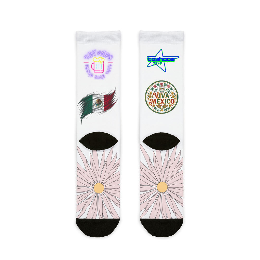 Graphic Sublimation Crew Socks — Eclectic Icon & Floral Print Socks (Includes text: “Fuck ICE”)