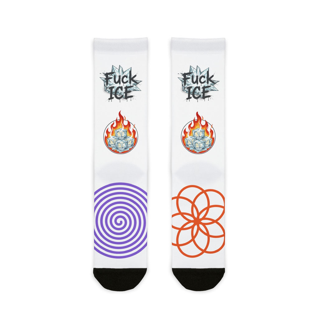 Graphic Sublimation Crew Socks — Eclectic Icon & Floral Print Socks (Includes text: “Fuck ICE”)