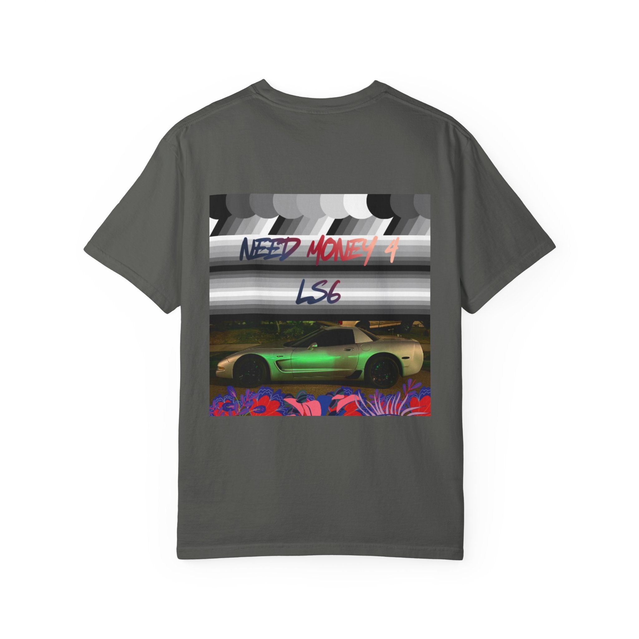 Street Racing Graphic T‑Shirt — Neon Fast Car Back Print ("Money" LS6)