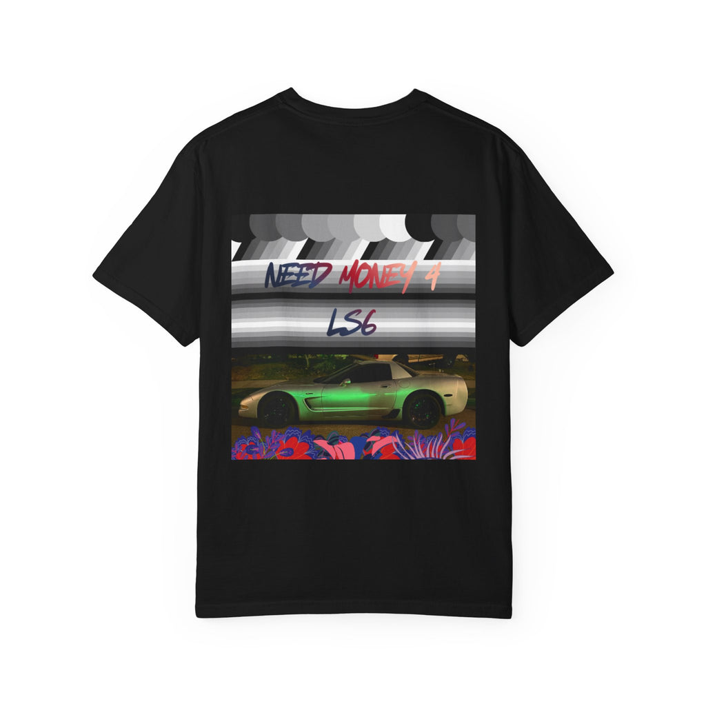 Street Racing Graphic T‑Shirt — Neon Fast Car Back Print ("Money" LS6)