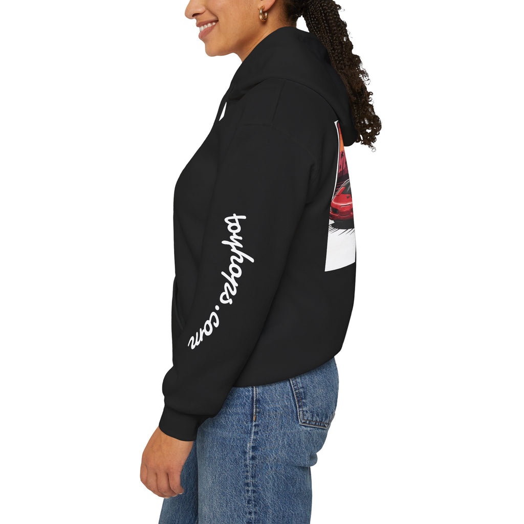 Los Angeles Red Sports Car Hoodie — Retro Sunset Cityscape Pullover